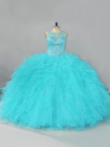 Aqua Blue Lace Up 15th Birthday Dress Beading and Ruffles Sleeveless Floor Length