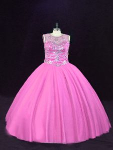 Sophisticated Pink Scoop Neckline Beading 15th Birthday Dress Sleeveless Lace Up