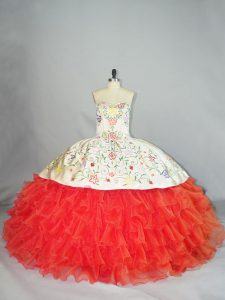 Flare Coral Red Lace Up Sweetheart Embroidery and Ruffles 15 Quinceanera Dress Organza Sleeveless