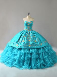Dazzling Aqua Blue Sweetheart Lace Up Embroidery and Ruffles Quinceanera Dresses Sleeveless