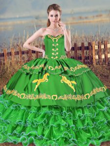 Captivating Sweetheart Sleeveless Brush Train Lace Up Sweet 16 Dress Green Organza