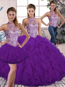 Sleeveless Floor Length Beading and Ruffles Lace Up Quinceanera Gowns with Purple