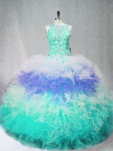 Multi-color Tulle Zipper Scoop Sleeveless Floor Length 15 Quinceanera Dress Beading and Ruffles
