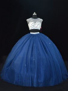 Navy Blue Lace Up Sweet 16 Quinceanera Dress Beading Sleeveless Floor Length