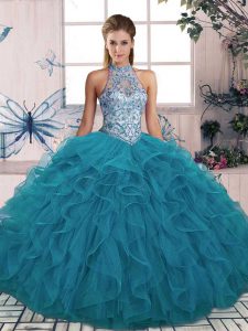 Exceptional Teal Lace Up Halter Top Beading and Ruffles Sweet 16 Quinceanera Dress Tulle Sleeveless