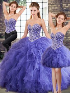 Sleeveless Floor Length Beading and Ruffles Lace Up Ball Gown Prom Dress with Lavender