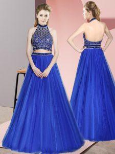 Halter Top Sleeveless Dress for Prom Floor Length Beading Royal Blue Tulle