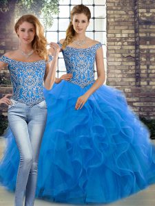 Off The Shoulder Sleeveless Brush Train Lace Up Sweet 16 Dress Blue Tulle