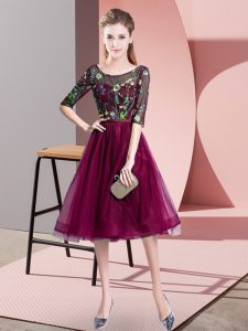 Fashion Knee Length Lace Up Damas Dress Fuchsia for Wedding Party with Embroidery