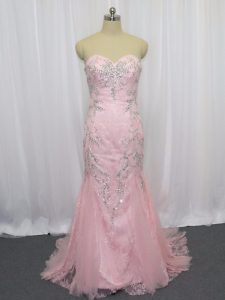 Sleeveless Beading Zipper Evening Dress with Pink Brush Train