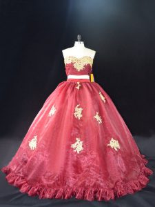 Latest Red and Burgundy Sleeveless Organza Zipper Ball Gown Prom Dress for Sweet 16 and Quinceanera