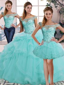 Free and Easy Off The Shoulder Sleeveless 15th Birthday Dress Floor Length Beading and Ruffles Aqua Blue Tulle
