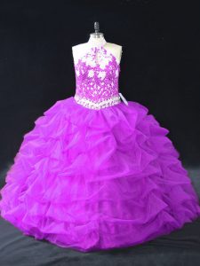 Best Selling Purple Ball Gowns Halter Top Sleeveless Organza Floor Length Backless Beading and Pick Ups Sweet 16 Quinceanera Dress