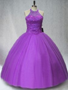Ball Gowns Vestidos de Quinceanera Purple Halter Top Tulle Sleeveless Floor Length Lace Up
