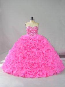 Trendy Hot Pink Sweetheart Lace Up Beading and Ruffles Ball Gown Prom Dress Sleeveless