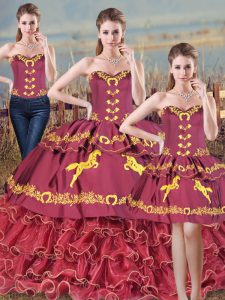 Deluxe Sweetheart Sleeveless Sweet 16 Dress Floor Length Brush Train Embroidery and Ruffles Burgundy Organza