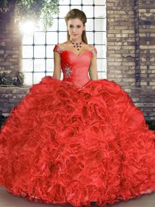 Floor Length Coral Red 15th Birthday Dress Organza Sleeveless Beading and Ruffles