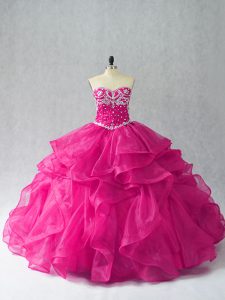 Custom Design Beading and Ruffles Quinceanera Gowns Fuchsia Lace Up Sleeveless Floor Length