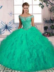 Delicate Sleeveless Tulle Brush Train Lace Up Quinceanera Dresses in Turquoise with Beading and Ruffles
