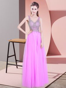 Decent Floor Length Zipper Prom Dress Lilac for Prom and Party with Beading