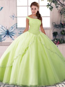 Glamorous Tulle Off The Shoulder Sleeveless Brush Train Lace Up Beading Vestidos de Quinceanera in Yellow Green