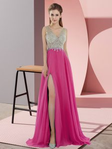 New Arrival Hot Pink Chiffon Zipper V-neck Sleeveless Prom Evening Gown Sweep Train Beading