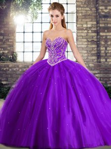 New Arrival Sleeveless Tulle Brush Train Lace Up Quince Ball Gowns in Purple with Beading