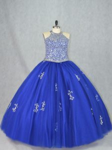 Blue Lace Up Sweet 16 Dress Beading Sleeveless Floor Length