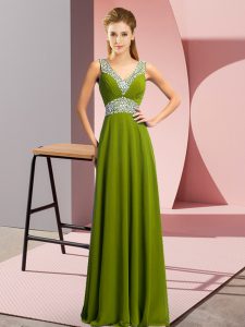 Gorgeous Olive Green Prom Gown Prom and Party with Beading V-neck Sleeveless Lace Up