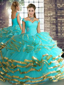 Pretty Off The Shoulder Sleeveless Ball Gown Prom Dress Floor Length Beading and Ruffled Layers Aqua Blue Tulle