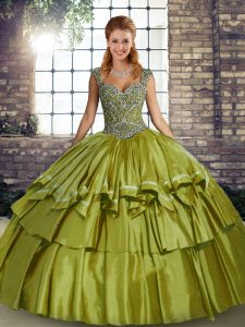 Beading and Ruffled Layers Sweet 16 Dress Olive Green Lace Up Sleeveless Floor Length