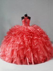 Hot Sale Brush Train Ball Gowns 15th Birthday Dress Coral Red Halter Top Organza Sleeveless Zipper