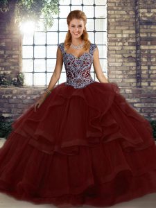 Burgundy Ball Gowns Straps Sleeveless Tulle Floor Length Lace Up Beading and Ruffles Vestidos de Quinceanera