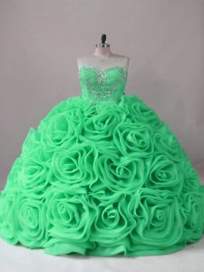 Hot Selling Fabric With Rolling Flowers Lace Up Sweet 16 Dresses Sleeveless Brush Train Beading and Ruffles