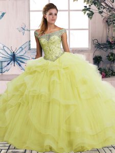 Yellow Off The Shoulder Neckline Beading and Ruffles Quince Ball Gowns Sleeveless Lace Up
