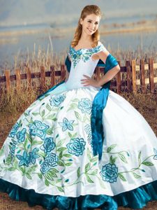Blue And White Ball Gowns Satin Off The Shoulder Sleeveless Embroidery and Ruffles Floor Length Lace Up Sweet 16 Dresses