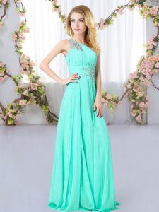 Empire Quinceanera Court Dresses Aqua Blue One Shoulder Chiffon Sleeveless Floor Length Zipper