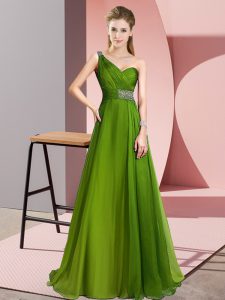 Sweet Sleeveless Chiffon Brush Train Criss Cross Prom Dresses in Olive Green with Beading