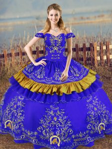 Perfect Floor Length Blue Ball Gown Prom Dress Off The Shoulder Sleeveless Lace Up