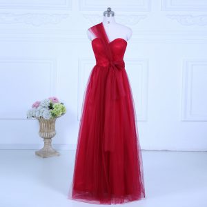 Unique One Shoulder Sleeveless Court Dresses for Sweet 16 Floor Length Ruching Wine Red Tulle