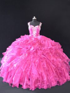 Fuchsia Ball Gowns Organza Straps Sleeveless Beading and Ruffles Floor Length Lace Up 15th Birthday Dress