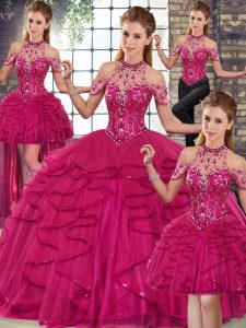 Glittering Fuchsia Ball Gowns Tulle Halter Top Sleeveless Beading and Ruffles Floor Length Lace Up Sweet 16 Dress