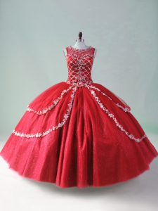 Red Tulle Zipper Scoop Sleeveless Floor Length Sweet 16 Dresses Beading and Appliques