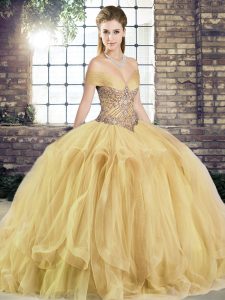 Tulle Sleeveless Floor Length Ball Gown Prom Dress and Beading and Ruffles