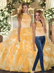 Floor Length Gold Quinceanera Gown Organza Sleeveless Beading and Ruffles