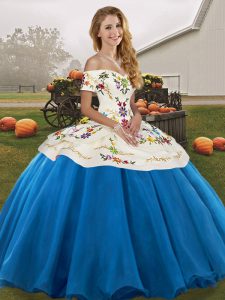 Floor Length Blue And White Sweet 16 Dresses Off The Shoulder Sleeveless Lace Up