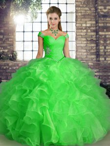 Simple Organza Sleeveless Floor Length Quince Ball Gowns and Beading and Ruffles