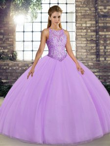 Lavender Tulle Lace Up Quinceanera Gowns Sleeveless Floor Length Embroidery