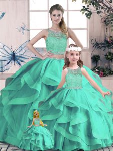 Tulle Scoop Sleeveless Lace Up Beading and Lace and Ruffles 15th Birthday Dress in Turquoise
