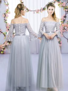 Grey Tulle Lace Up Off The Shoulder 3 4 Length Sleeve Floor Length Dama Dress Lace and Belt
